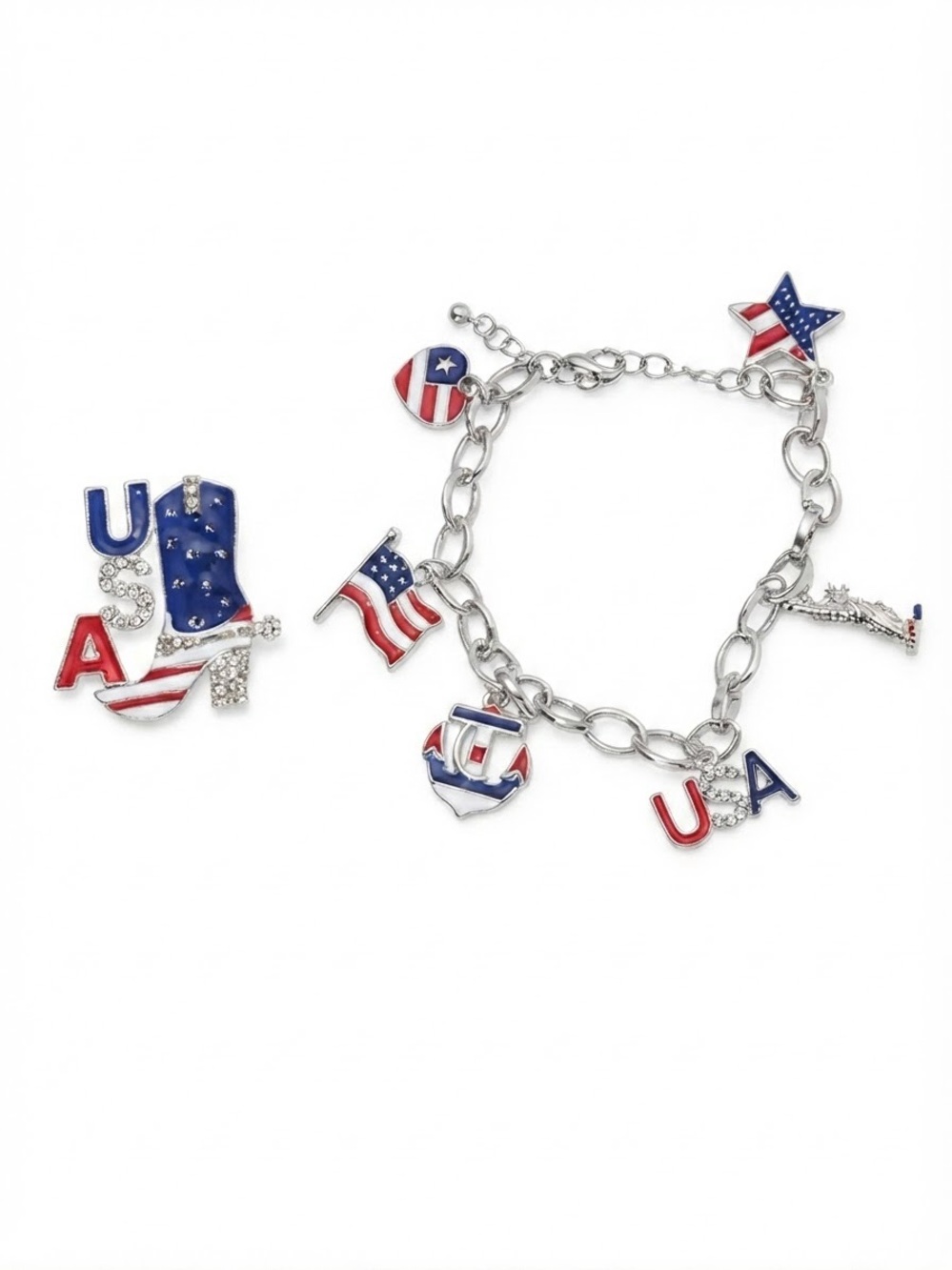 Red, White & Blue USA Charm Bracelet & USA American Flag Boot Brooch